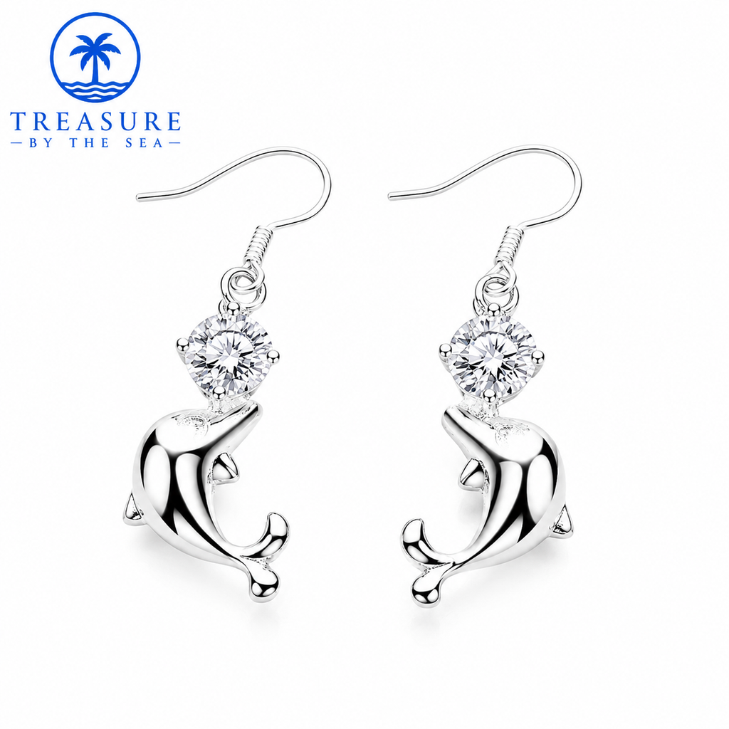 Silver Dolphin Crystal Drop Earrings