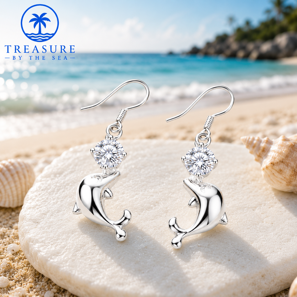 Silver Dolphin Crystal Drop Earrings