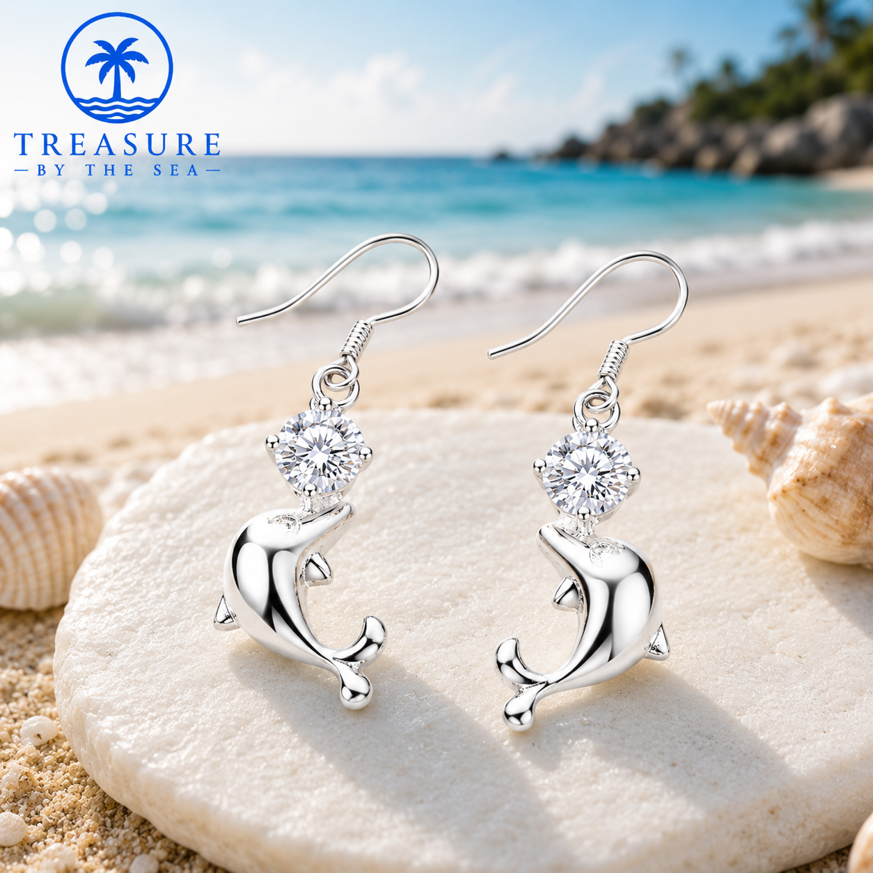 Silver Dolphin Crystal Drop Earrings