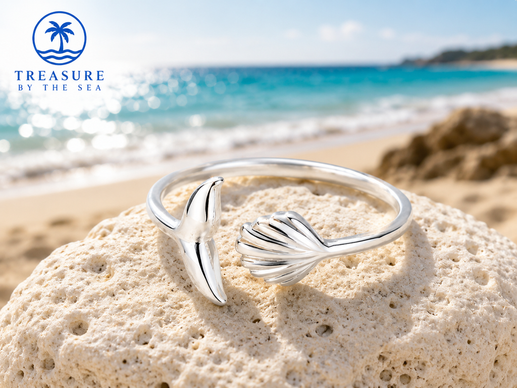 Silver Whale Tail & Seashell Open Ring