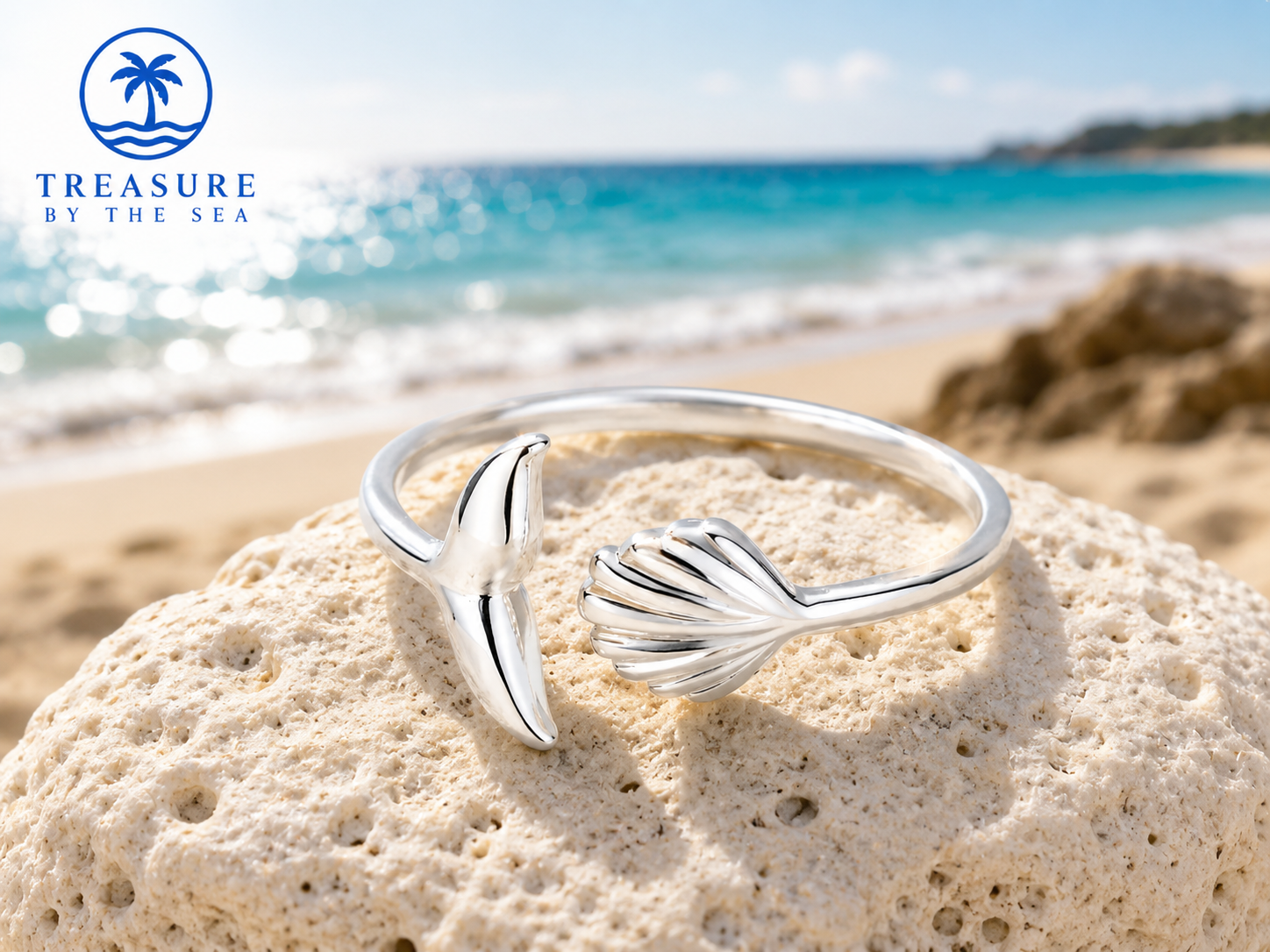 Silver Whale Tail & Seashell Open Ring