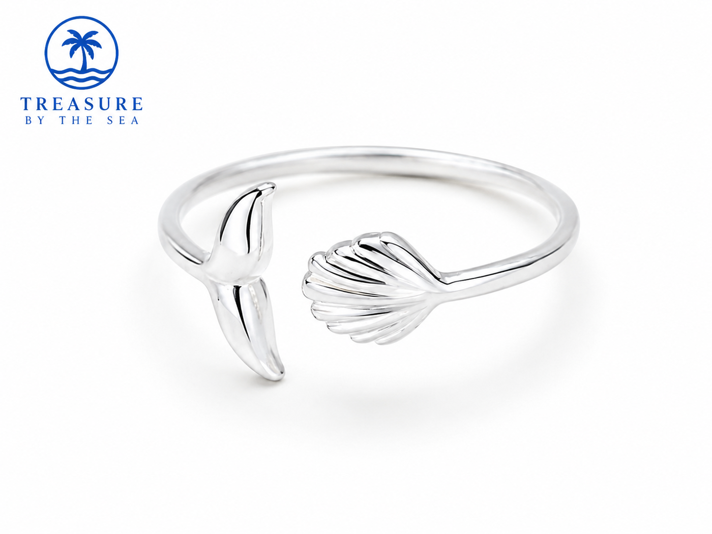 Silver Whale Tail & Seashell Open Ring