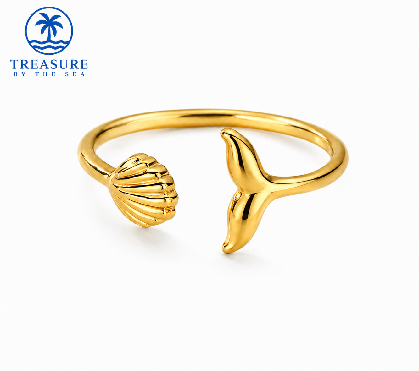 Gold Whale Tail & Seashell Open Ring