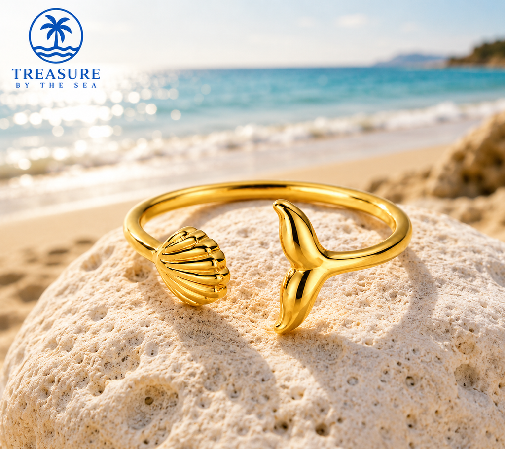 Gold Whale Tail & Seashell Open Ring