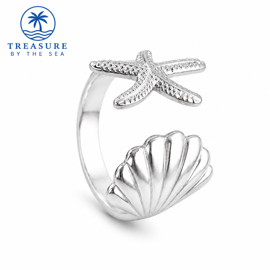 Silver Starfish & Seashell Adjustable Ring