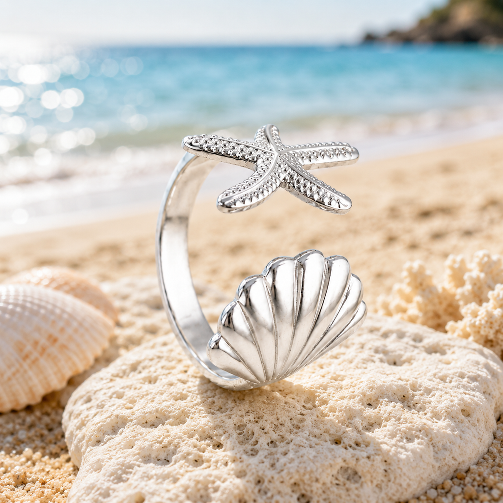Silver Starfish & Seashell Adjustable Ring
